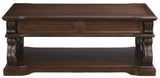Benzara 2 Drawer Scroll Lift Top Cocktail Table with Open Bottom Shelf, Brown BM210634 Brown Solid Wood, Engineered Wood , Metal and Veneer BM210634