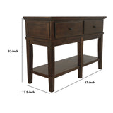 Benzara 2 Drawer Wooden Console Table with Block Feet and Open Bottom Shelf, Brown BM210636 Brown Solid Wood, Veneer, Engineered wood BM210636