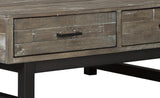 Benzara 2 Drawer Wooden Lift Top Cocktail Table with Block Legs, Brown and Black BM210639 Brown and Black Solid Wood, Engineered Wood, Veneer and Metal BM210639