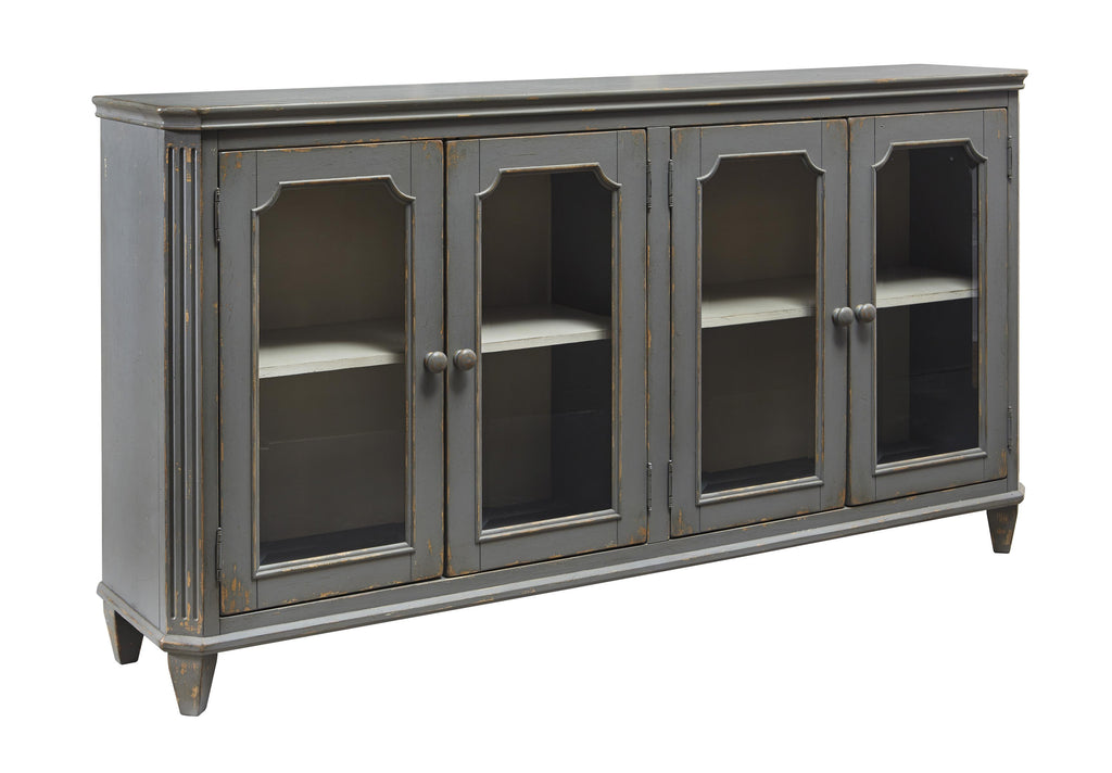 Benzara 4 Door Cabinet with Glass Inserts and Rustic Details, Antique Gray BM210642 Gray Solid Wood, Veneer, Glass, and Engineered Wood BM210642