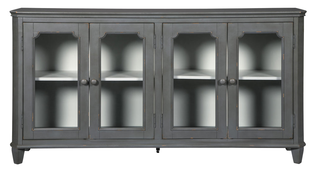 Benzara 4 Door Cabinet with Glass Inserts and Rustic Details, Antique Gray BM210642 Gray Solid Wood, Veneer, Glass, and Engineered Wood BM210642