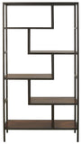 Benzara 5 Shelves Asymmetric Design Bookcase with Metal Frame, Brown and Black BM210649 Brown and Black Solid Wood, Engineered Wood and Metal BM210649