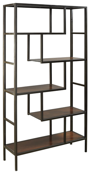 Benzara 5 Shelves Asymmetric Design Bookcase with Metal Frame, Brown and Black BM210649 Brown and Black Solid Wood, Engineered Wood and Metal BM210649