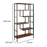 Benzara 5 Shelves Asymmetric Design Bookcase with Metal Frame, Brown and Black BM210649 Brown and Black Solid Wood, Engineered Wood and Metal BM210649