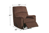 Benzara Fabric Upholstered Zero Wall Recliner with Pillow Top Armrests, Brown BM210774 Brown Solid Wood, Metal and Fabric BM210774