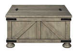 Benzara Farmhouse Cocktail Table with Lift Top Storage and Crossbuck details, Gray BM210778 Gray Solid Wood, Veneer, Engineered Wood, Metal BM210778