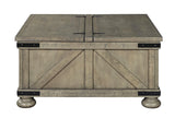 Benzara Farmhouse Cocktail Table with Lift Top Storage and Crossbuck details, Gray BM210778 Gray Solid Wood, Veneer, Engineered Wood, Metal BM210778