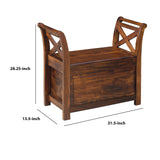 Benzara Hinged Seat Storage Wooden Bench with X Braces, Brown BM210788 Brown Solid Wood BM210788