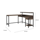 Benzara L Shaped Wooden Writing Desk with 1 Drawer and Bottom Shelf,Brown and Black BM210789 Brown and Black Engineered Wood and Metal BM210789