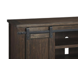 Benzara Large Wooden TV Stand with 2 Barn Sliding Doors and 6 Shelves, Brown BM210795 Brown Solid Wood, Engineered Wood, Metal and Veneer BM210795