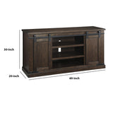 Benzara Large Wooden TV Stand with 2 Barn Sliding Doors and 6 Shelves, Brown BM210795 Brown Solid Wood, Engineered Wood, Metal and Veneer BM210795