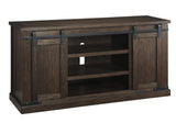 Large Wooden TV Stand with 2 Barn Sliding Doors and 6 Shelves, Brown