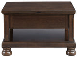 Benzara Lift Top Cocktail Table with Open Bottom Shelf and Bun Feet, Brown BM210818 Brown Solid Wood, Veneer, Engineered Wood and Metal BM210818