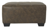 Benzara Oversized Ottoman with Tapered Block Legs and Jumbo Stitching, Brown BM210835 Brown Solid Wood, Leatherette and Fabric BM210835