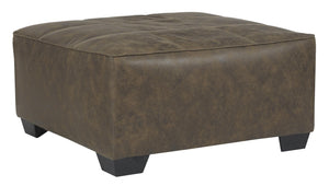 Benzara Oversized Ottoman with Tapered Block Legs and Jumbo Stitching, Brown BM210835 Brown Solid Wood, Leatherette and Fabric BM210835