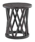 Benzara Plank Style Round Wooden Frame End Table with Lattice Cut Out, Gray BM210837 Gray Solid Wood BM210837