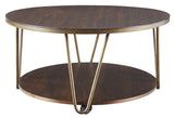 Benzara Round Wooden Cocktail Table with 1 Open Shelf and Casters, Brown and Brass BM210870 Brown and Brass Solid Wood, Metal and Veneer BM210870