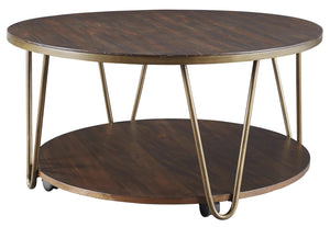 Benzara Round Wooden Cocktail Table with 1 Open Shelf and Casters, Brown and Brass BM210870 Brown and Brass Solid Wood, Metal and Veneer BM210870