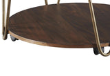 Benzara Round Wooden Cocktail Table with 1 Open Shelf and Casters, Brown and Brass BM210870 Brown and Brass Solid Wood, Metal and Veneer BM210870