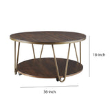 Benzara Round Wooden Cocktail Table with 1 Open Shelf and Casters, Brown and Brass BM210870 Brown and Brass Solid Wood, Metal and Veneer BM210870