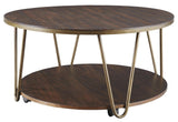 Round Wooden Cocktail Table with 1 Open Shelf and Casters, Brown and Brass