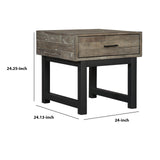 Benzara Square Butcher Block Wooden End Table with 1 Drawer, Brown and Black BM210875 Brown and Black Solid Wood, Veneer, Engineered Wood and Metal BM210875