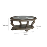 Benzara Traditional Oval Cocktail Table with Glass Top and Wooden Carvings, Brown BM210910 Brown Solid Wood, Veneer, Engineered Wood and Glass BM210910