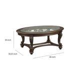 Benzara Traditional Wooden Oval Cocktail Table with Glass Top and Bun Feet, Brown BM210911 Brown Solid Wood, Veneer, Engineered Wood and Glass BM210911