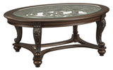 Benzara Traditional Wooden Oval Cocktail Table with Glass Top and Bun Feet, Brown BM210911 Brown Solid Wood, Veneer, Engineered Wood and Glass BM210911