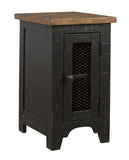 Two Tone Chair Side End Table with Wire Metal Grill Cabinet,Brown and Black