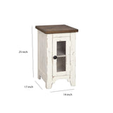 Benzara Two Tone Chair Side End Table with Wire Metal Grill Cabinet,Brown and White BM210915 White and Brown Veneer, Solid Wood, Engineered Wood and Metal BM210915