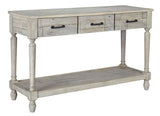 Wooden Frame Sofa Table with 3 Drawers and 1 Bottom Shelf, Washed White