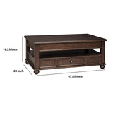 Benzara Wooden Lift Top Cocktail Table with 1 Drawer and Open Compartment, Brown BM210953 Brown Solid Wood, Metal, Engineered Wood, Veneer BM210953