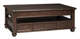 Benzara Wooden Lift Top Cocktail Table with 1 Drawer and Open Compartment, Brown BM210953 Brown Solid Wood, Metal, Engineered Wood, Veneer BM210953