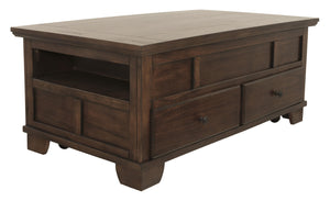 Benzara Wooden Lift Top Cocktail Table with 2 Drawers and 2 Open Compartments,Brown BM210955 Brown Solid Wood, Engineered Wood, Metal and Veneer BM210955