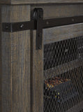 Benzara Wooden TV Stand with Barn Sliding Door and 4 Shelves, Medium, Brown BM210975 Brown Solid Wood, Engineered Wood, Metal and Veneer BM210975