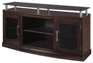 Benzara Wooden TV Stand with 2 Doors and Raised Glass Top, Medium, Brown BM210993 Brown Engineered Wood, Solid Wood, Glass, Metal & Veneer BM210993