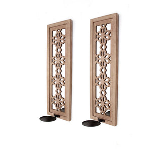 Benzara Rectangular Wood Candle Holder with Floral Lattice Design, Set of 2,Brown BM211052 Brown, Silver Solid wood, Mirror BM211052