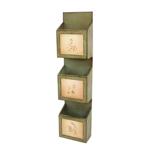 Benzara Rustic Wooden Wall Organizer with 3 Box Slots and Floral Pattern, Green BM211065 Green Wood and Metal BM211065