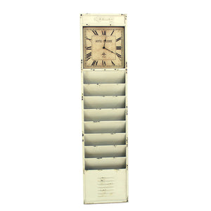 Benzara Antique Rustic Style Clock Design Wall Organizer with 6 Slots, White BM211068 White Metal BM211068