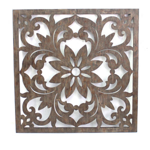 Benzara Traditional Square Shape Wooden Wall Decor with Floral Engraving, Brown BM211080 Brown Solid wood BM211080