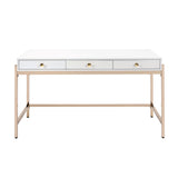 Benzara Wooden Desk with 3 Drawers and Metal Frame, Glossy White and Gold BM211108 White and Gold Metal and MDF BM211108