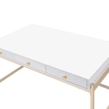 Benzara Wooden Desk with 3 Drawers and Metal Frame, Glossy White and Gold BM211108 White and Gold Metal and MDF BM211108