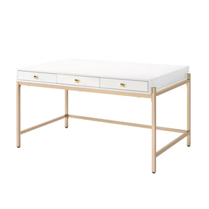 Benzara Wooden Desk with 3 Drawers and Metal Frame, Glossy White and Gold BM211108 White and Gold Metal and MDF BM211108