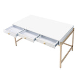 Benzara Wooden Desk with 3 Drawers and Metal Frame, Glossy White and Gold BM211108 White and Gold Metal and MDF BM211108