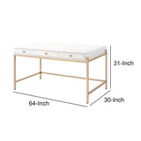 Benzara Wooden Desk with 3 Drawers and Metal Frame, Glossy White and Gold BM211108 White and Gold Metal and MDF BM211108