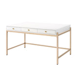 Benzara Wooden Desk with 3 Drawers and Metal Frame, Glossy White and Gold BM211108 White and Gold Metal and MDF BM211108