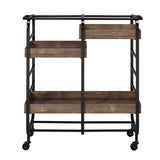 Benzara Metal Frame Serving Cart with 3 Open Storage and Casters, Brown and Black BM211118 Brown and Black Metal, Veneer and MDF BM211118