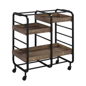 Benzara Metal Frame Serving Cart with 3 Open Storage and Casters, Brown and Black BM211118 Brown and Black Metal, Veneer and MDF BM211118