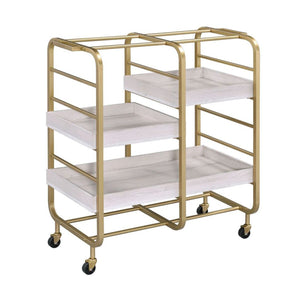 Benzara Metal Frame Serving Cart with Adjustable Compartments,Gold and Washed White BM211119 Gold and White Metal, MDF, Veneer BM211119